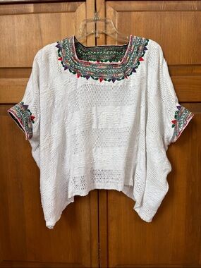 Authentic Vintage Guatemalan White  Boho Top with Embroidered Neckline